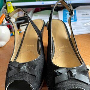 TROTTERS SIGNATURE BLACK LINEN? 3" CORK WEDGE SANDALS LIKE NEW SIZE 9M